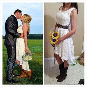 Country Wedding Dresses Lace Bridal Gown High Low Sash Custom Made Applique V Neck Sleeveless Plus Size Vestido De Novia Estido