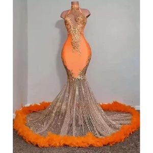 Black Girls Orange Mermaid Prom och aftonklänningar Beading Sequined High Neck Feathers lyxig kjol Evening Party Formella klänningar BC14825