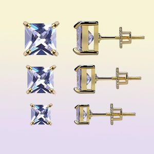3 Pairs Set 48 mm 14K Gold Plated CZ Square Iced Out Stud Earrings With Safety Screw Back For men and Women5377895