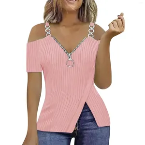 Camicie da donna a strisce con cerniera a V solida cinghia con cerniera maglietta a maniche corta top-shirt da donna camicetta di moda da donna 2024 camicia