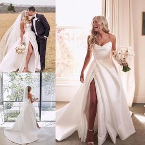 Modern Simple Satin Boho Country A Line Wedding Dresses Strapless High Side Slit Bridal Gowns Sexy Open Back Plus Size Maternity Bride Reeption Robes de Mariee AL9873