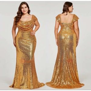 Mermaid Evening Dresses Sparkly Gold Sequined Plus Size Prom Square Neck Zipper Back Floor Length Ruched New Pageant Dress