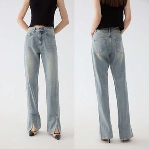 2024 Nova cintura alta calças de perna reta com calças jeans de lavagem solta dividida Mulheres