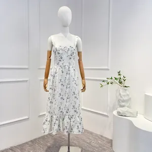 Casual Dresses 2024 Summer Women Fashion Collection White Linen Printed Prairie Chic Spaghetti Strap Mid Calf