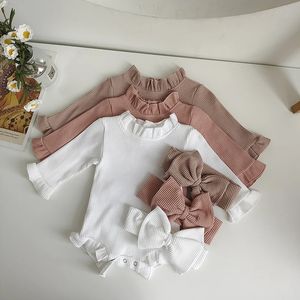 Fashion Toddler Baby Girls Romper Outfits Set Cotton Ribbed Flared Sleeve Jumpsuit Bow Headband Sweet Born Infant Clothing 240409