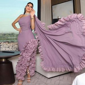 Party Dresses Elegant Dusty Purple One Shoulder Asymmetrical Prom Ruffles Trimmed Long Arabic Formal