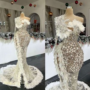 Shoulder Mermaid One Wedding Dresses Feather Pearls Lace Applique Vestido De Noiva Custom Made Bridal Dress