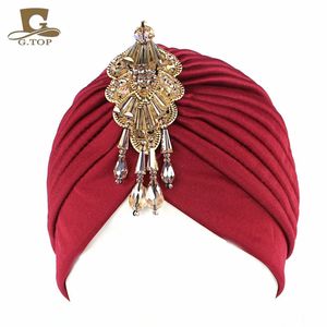 Luxury Divas Stretchable turban Head wrap hat with beaded pendant women Headwear 240416