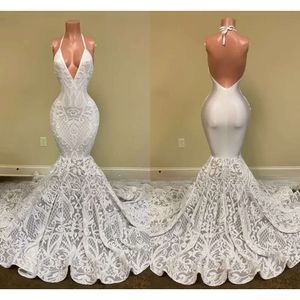 White Mermaid Style Prom Dresses Long Sexy Halter Backless Sparkly Sequin African Black Girl Formal Party Evening Gown BC14848