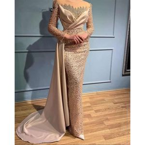 Luxury Dubai Muslim Evening Dress Sheer Neck Long Sleeves Turkey Beading Party Dresses Formal Gown Robe De Soiree femme