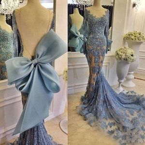 Light Sky Sexy Blue Mermaid Evening Pageant Dresses Illusion Long Sleeve Laceapplique Sheer Fishtail Ocn Prom Wear Gown
