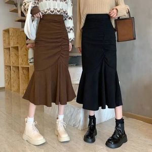 Lucyever Fashion High Waist Midi Skirts for Spring Slim Fit Hip Mermaid Skirt Woman Korean Ruffles Brown 2XL 240416