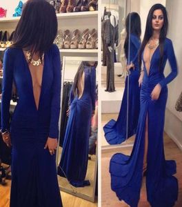 2018 Sexiga balklänningar Royal Blue Deep V Neck Long Sleeve Open Back Sheath Sweep Train Evening Gowns Celebrity Party Dress Under 17225186