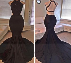 Sexy Black Halter Satin Mermaid Long Prom Dresses Lace Sequins Beaded Backless Side Slit Evening Dresses Formal Party Dresses7479772