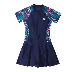 Zipper One Piece Teen Swimsuit With Skirt Girls Swimwear Children Swimming Suit For Kids Spring Clothing Beachwear 240416