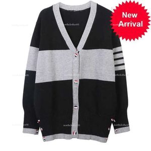 2024 Autumn/Winter New Womens Contrasting Striped V-Neck Long Sleeved Wide Hem Button Up Mid Length Tb Knitted Cardigan