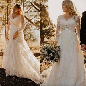 Plus Size Dresses 3/4 Long Sleeves Lace Applique Beaded Tulle 2023 Custom Made Chapel Train Scalloped Neckline Wedding Gowns