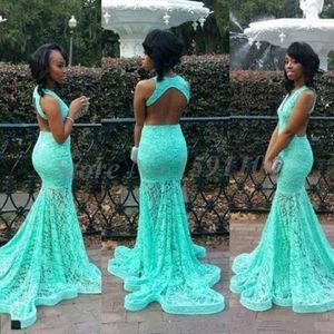 Nowy turkus Koronkowy Prom Mermaid V Neck Sexy Cutaway Backless Fashion African American Długie suknie wieczorowe