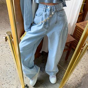 Jeans feminino superaen coreano vintage na cintura alta lavada azul claro calças de perna larga