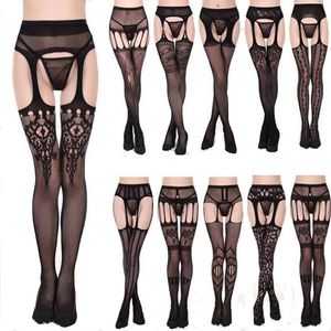 Sexy Socken Frauen sexy Hosenträger offener Schritt mit hoher Taille Net -krotelfreier Strumpfhockel Strumpfband nahtloser Fischnetz Slip Plus Größe Strumpfhosen 240416