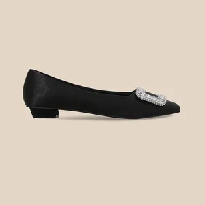 Dress Shoes Black Diamond Square Buckle Flat Sole Europe And The United States Satin Shallow Flat-heeled Wedding Etiquette P