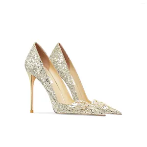 Dress Shoes Spring Wedding Women's Genuine Leather Pointed Gold Crystal High Heels