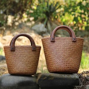 TOTES El yapımı ahşap sap saman torbası vintage dokuma çanta deniz kıyısı rattan kovası