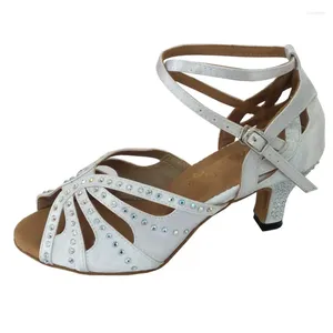 Dansskor Kvinnors latinska salsa Sandaler Anpassade häl Lady Open Toe Ballroom Party Socials Dancing Sandal White With Rhinestones