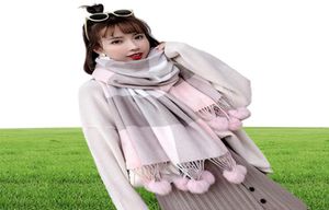 Rabbit Fur Pom Pom stal Pashmina Cashmere Shawl Plaid ullscarf för kvinnor mjuk varm kvinnlig poncho mode lady scarves y2001043023220