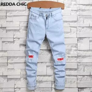 Jeans de jeans Reddachic Lavagem rasgada Men reto CleanFit Splash Patchwork Patchwork calças de jea