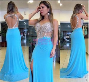 Long Prom Pageant Dresses Sheer Neck Crystals Sky Blue 12y Plus Size Personlig slits kjol Evening Open Back Gowns grad 8 Prom9833921