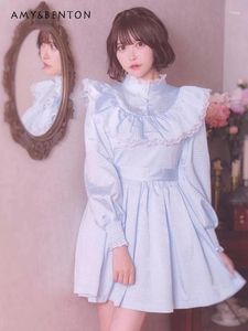 Lässige Kleider japanische Minenmine Massenproduzierte doppelseitige Jacquard-Spitze Mini Kleid Herbst Winter Pure Farbe hohe Taille schlank-fit süß