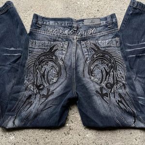 Streetwear Jeans Y2K Hip Hop İşlemeli Vintage Blue Baggy Pantolon Erkekler Punk Rock Gotik Yüksek Bel Geniş Bacak Pantolonları 240415