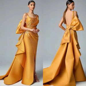 Sequins Unique Evening Bow Prom Gowns Spaghetti Straps Backless Custom Made Split Formal Party Dresses Plus Size