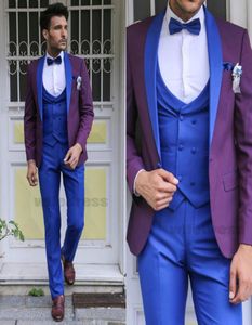 Мод свадебных смокингов жених Костюма 3 штуки для мужчин синий и фиолетовый формальный жених смокинг