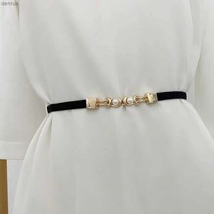 Waist Chain Belts Elegant Double Pearls Buckle Elastic Women Belts Black Thin Straps Lady Girl Dress Skirt Decor WaistbandsL240416