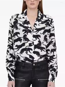 Kadın bluzları Kadın Hayvan Baskı Gömlek 2024 Bahar Uzun Kollu Vintage Kadın Çentikli Tek Göğüslü Bluz Üstü