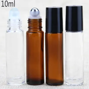 Garrafas de armazenamento 10 ml de vidro âmbar vazio rolo de óleo essencial em frascos de garrafa com bola de rolo de metal de aço inoxidável para perfume