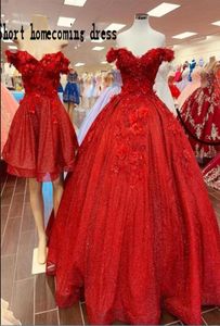 2022 Glitter Tulle Homecoming Dresses Prom Längd handgjorda blommor pärlor från axel cocktailparty kort quinceanera klänning 3086854