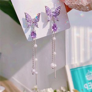 Kolczyki Dangle Korean Crystal Butterfly Drop for Women Temperament Pearl Rhinestone Long Tassel Earring Wedding Party Prezent biżuterii