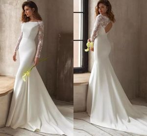 Slim and Flare Designer Mermaid Wedding Dresses With Long Sleeves White Elegant Satin Lace Boho Bridal Gowns Court Train Sexy Backless Bride Robes de Mariee CL1616