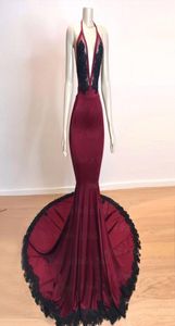 Bourgogne Mermaid Prom Dresses Deep V Neck Illusion Bodice Appliciques Satin Black Sexy Backless Evening Dresses Party Dresses4927775