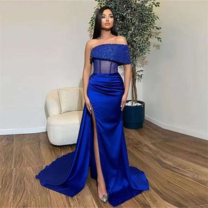 Syrena królewska niebieskie sukienki wieczorne lśniące z ramion jedne rękawy sukienki na balu Placies High Side Slit Celebrity Gowns