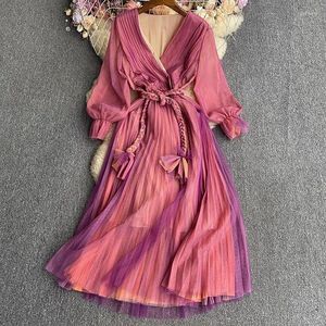 Casual Dresses 2024 Spring Autumn Double Layer Clear Color Long Sleeve Dress V-Neck High Waist Korean Fashion Sashes Elegant Women Z4298