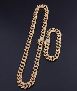 13mm Cuban Link Chains Halskette und Armband Set Mode HipHop Schmuck Strasshälfte aus Halsketten für MEN2065108 vereisert