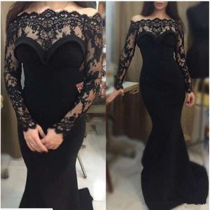 Veet Mermaid Black Long Sleeves Sheer Lace Neck Prom Dresses Custom Made Sheath Formal Evening Gowns