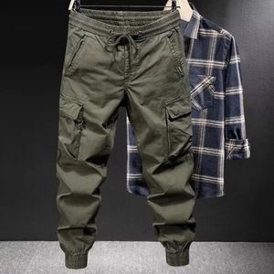 Loose Straight Pants Mens Drawstring Cargo with Elastic Waist Multi Pockets Anklebanded Design for Daily Sports 240415