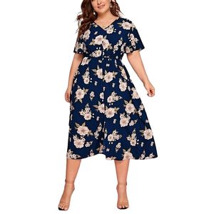 Designer Plus-Size-Kleider für Frauen lässig losen locker V-Ausschnitt Blumen bedruckte Damenkleider Vintage Kurzarm Sommer A-Line Elegantes Partykleid