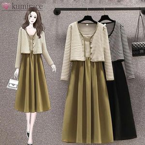 Work Dresses Oversize Women's 2024 Fat Sister Autumn Fashion Slim Striped Cardigan With Hanging Strap Dress Two Piece Set Sets