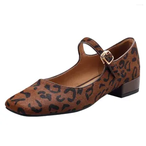 Casual Shoes Leehmzay Size 34-40 Women Leopard Flats Real Leather Buckle Strap Chunky Low Heels Daily Retro Office Lady
